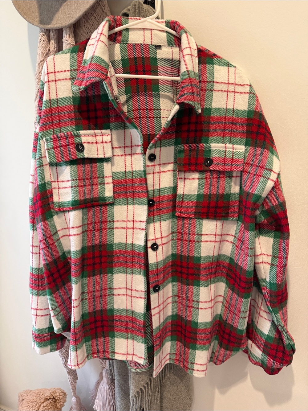 Women’s Plaid Shacket Jacket in Red, Green & White